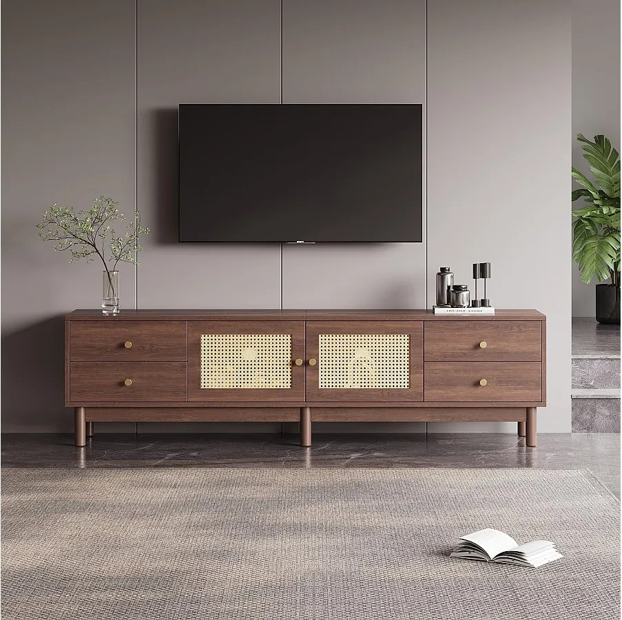 Szafka RTV z 4 szufladami i 2 drzwiami rattanowymi - 180 x 35 x 44 cm - Płyta wiórowa - Brązowa