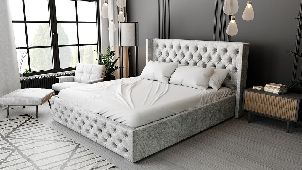 Emporius Rolia łóżko chesterfield 200x200 - pojemnik i stelaż, wysoka jakość - łóżko dwuosobowe 200x200 w stylu glamour - aksamit, szary (Paros 5)