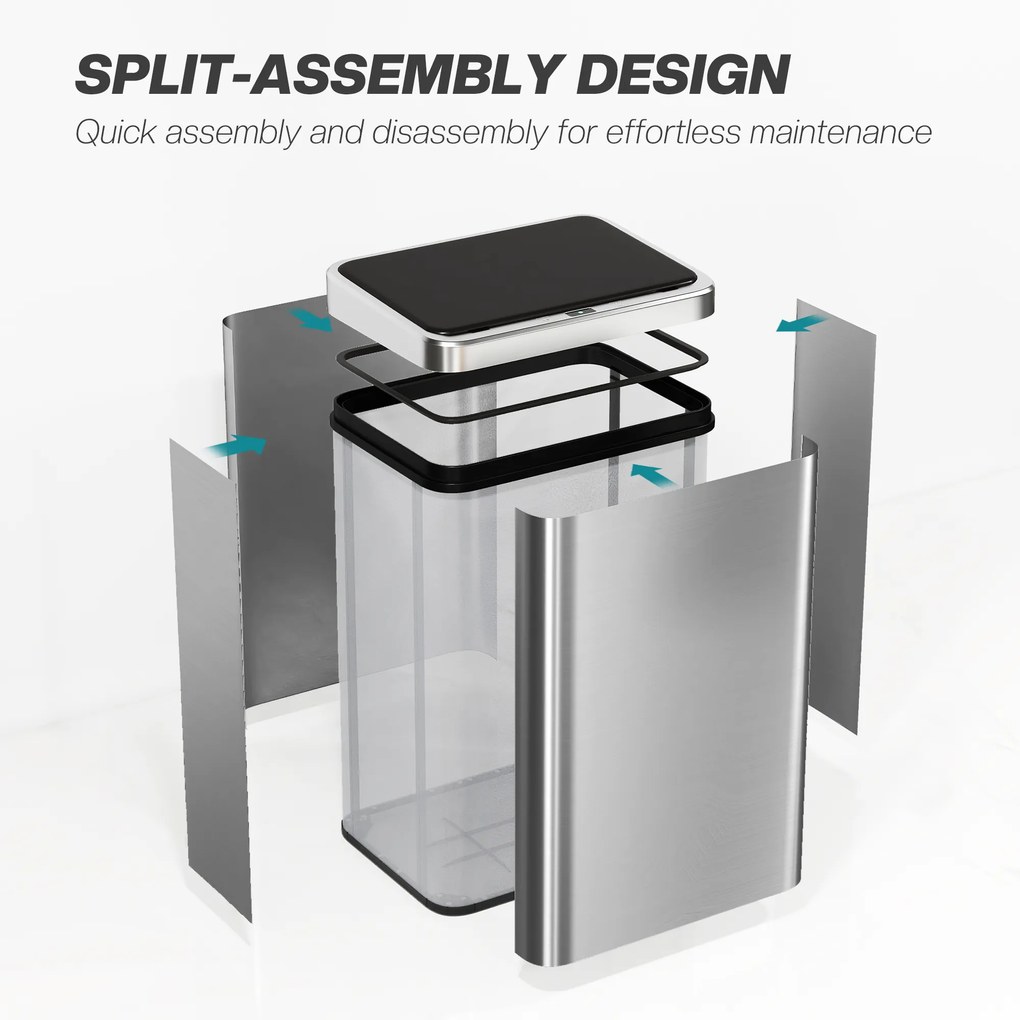 HOMCOM Kosz na śmieci z czujnikiem 40L Stal nierdzewna Automatyczny kosz na śmieci z miękkim zamykaniem 35,5 x 26 x 55 cm Srebrny | Aosom PL