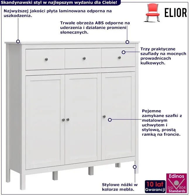 Biała wysoka komoda z 3 szufladami i 3 szafkami - Jasaro 5X