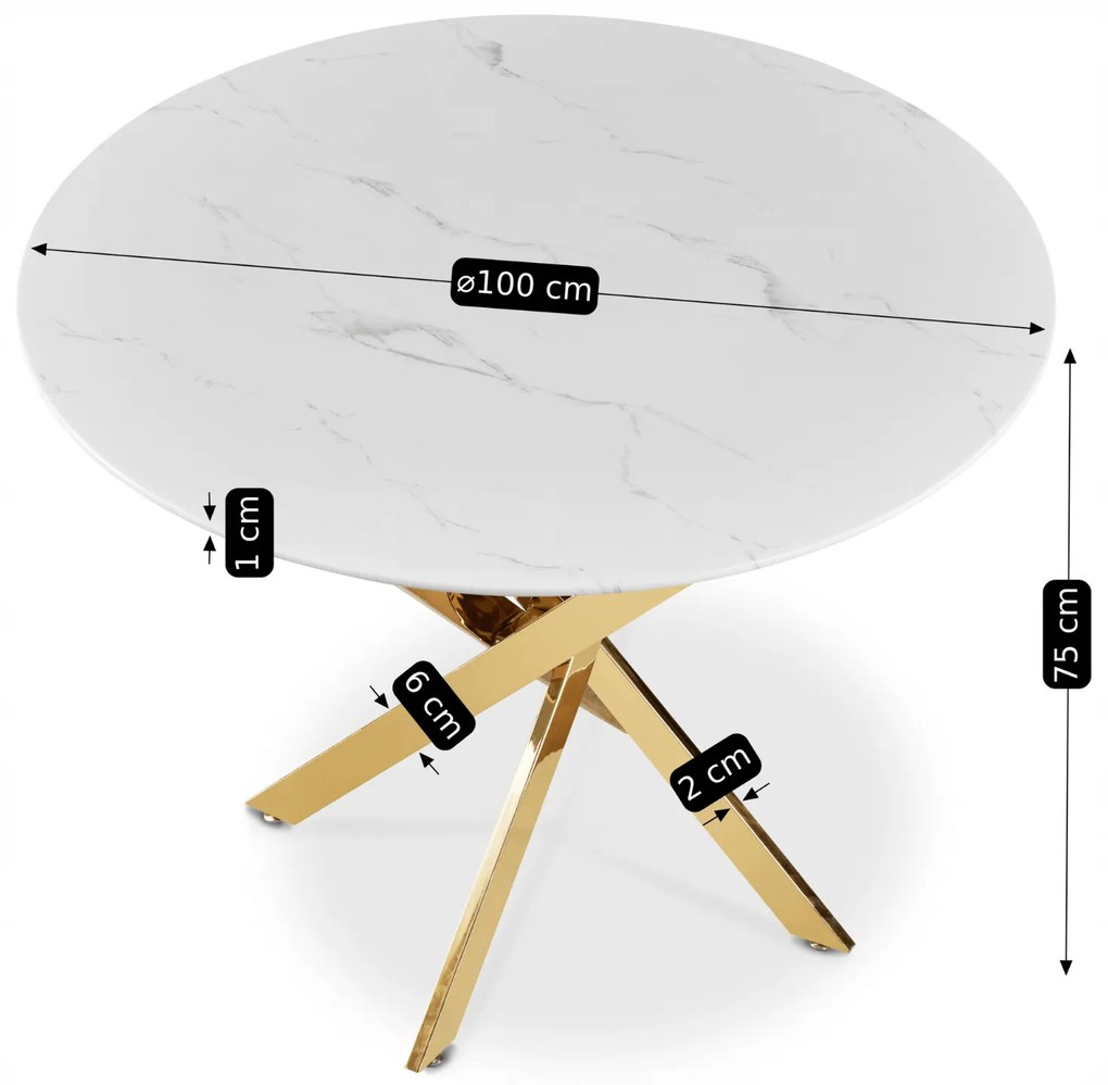 Stół Okrągły Szklany BALI 100 cm Biały Marmur/Złoty Glamour