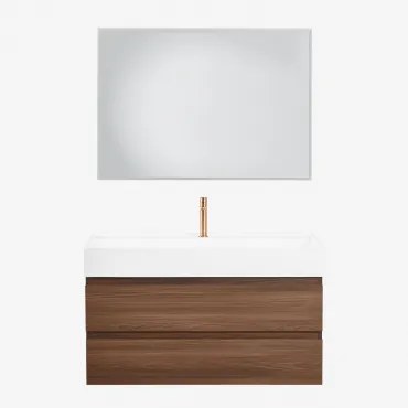 Zestaw Wiszących Mebli Łazienkowych Z Drewna I Forniru Jesionowego Zintegrowany Z Umywalką Ona Prostokątna Lampa Led I Przeciwmgielna 100x70 Cm Riben