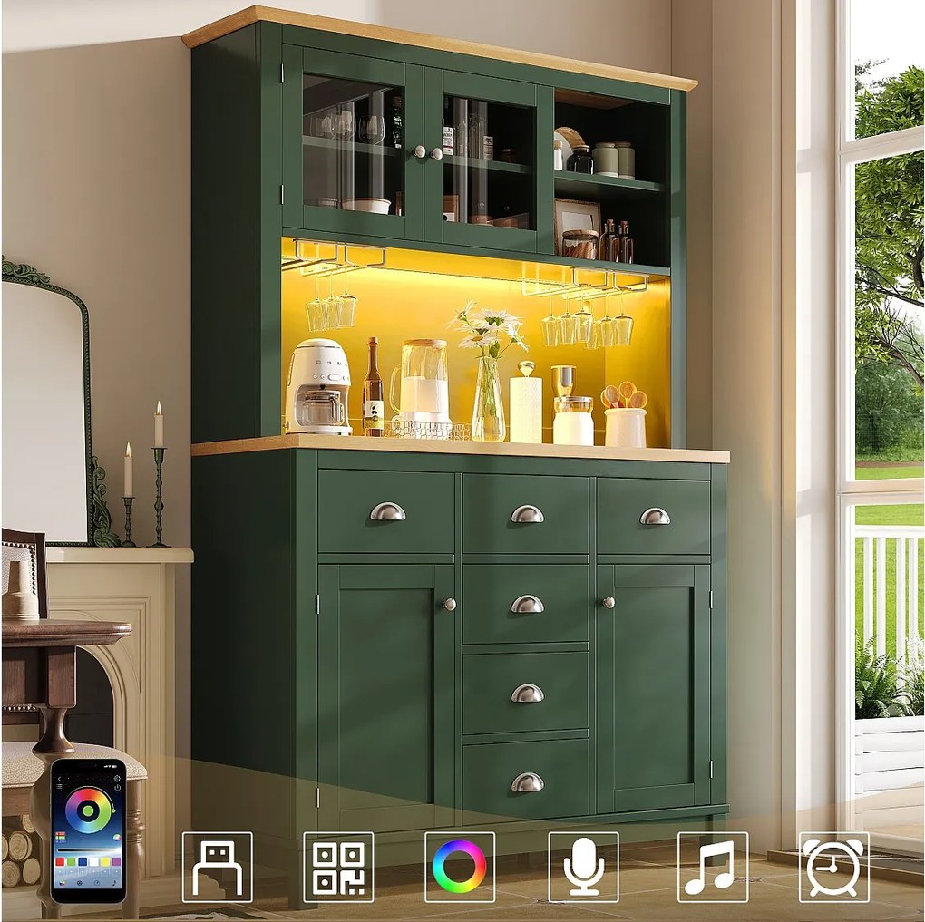 Kredens kuchenny w stylu rustykalnym - 104 x 40 x 180 cm - z drzwiami, diodami LED, półkami i szufladami - MDF - zielony