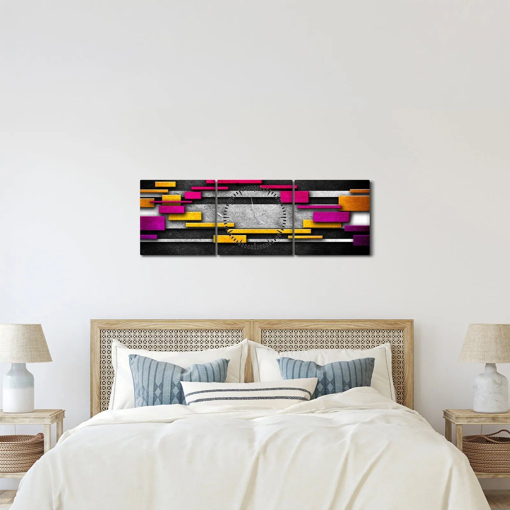 Obraz kolorowej abstrakcji na czarnym tle (z zegarem) (90x30 cm)