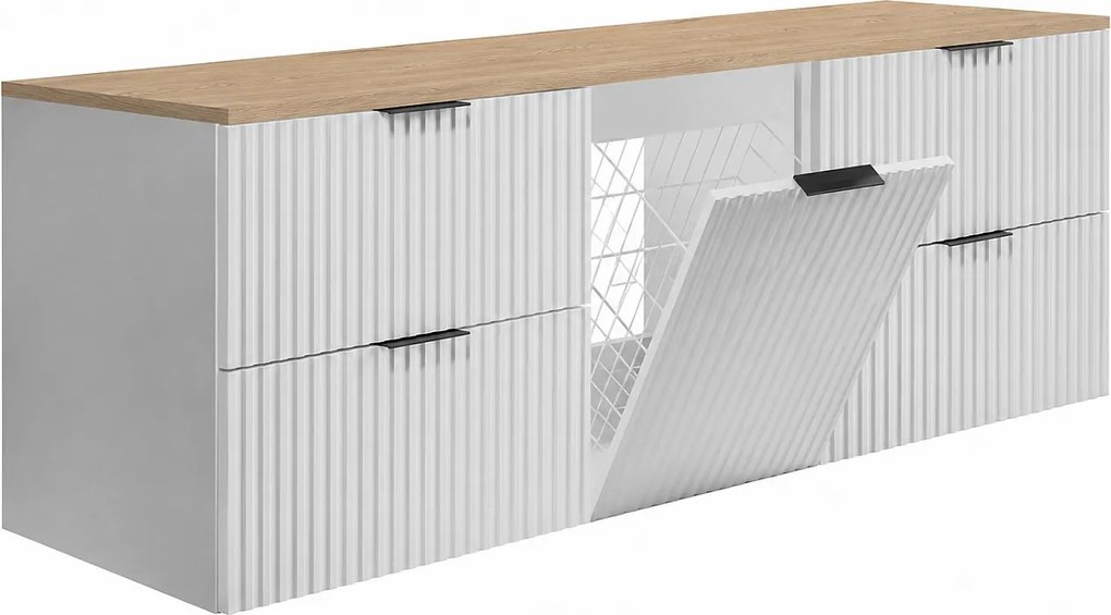 Szafka łazienkowa wisząca pod umywalkę z koszem na pranie, biały / blat dąb jasny, uchwyty czarne, 160 x 46 x 57 cm