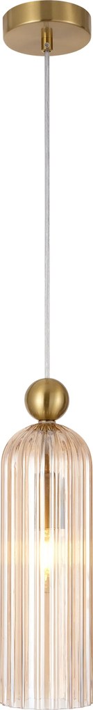 Venesia – lampa wisząca ze szkła bursztynowego, ryflowany klosz 35 cm, złota oprawa