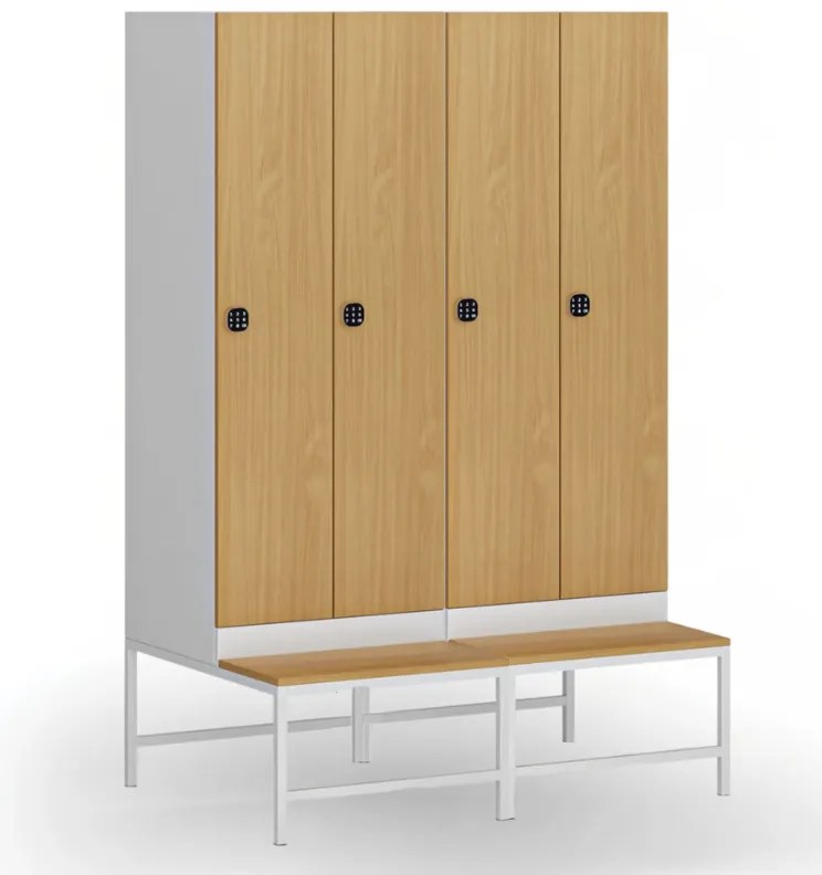 Szafka ubraniowa S1 z ławką, 2-drzwiowa, 1875 x 600 x 500/800 mm, demontaż, zamek kodowy, drzwi laminowane, buk