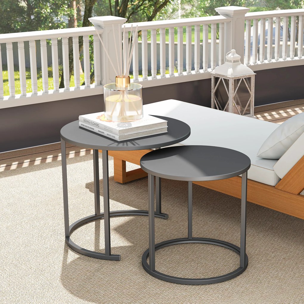 Outsunny 2-osobowy zestaw stolików bocznych, stolik ogrodowy okrągły, odporny na warunki pogodowe, stolik balkonowy ze stali, oszczędzający miejsce Ciemnoszary