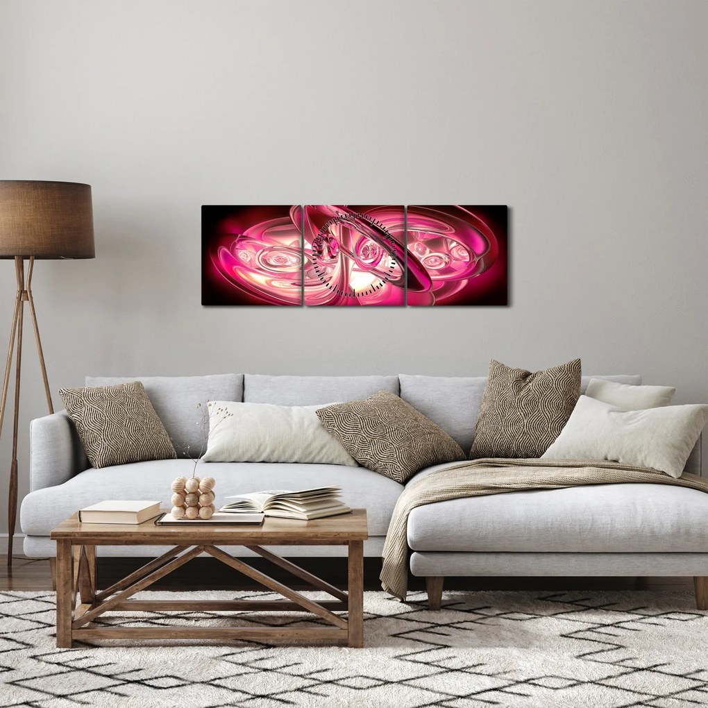 Obraz różowych fraktali (z zegarem) (90x30 cm)