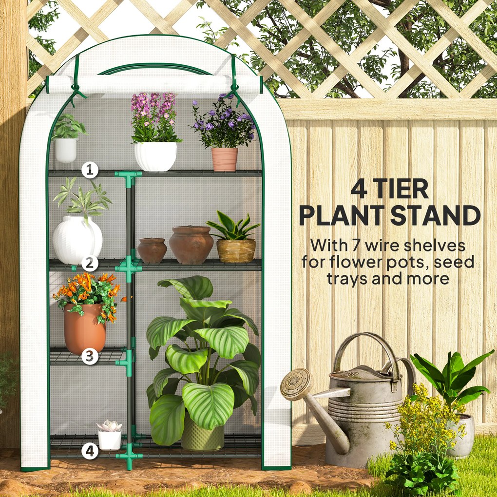 Outsunny Mini-szklarnia, 4-poziomowa szklarnia z folią plastikową, przenośna, z rolowanymi drzwiami, 100 x 45 x 160 cm, biała