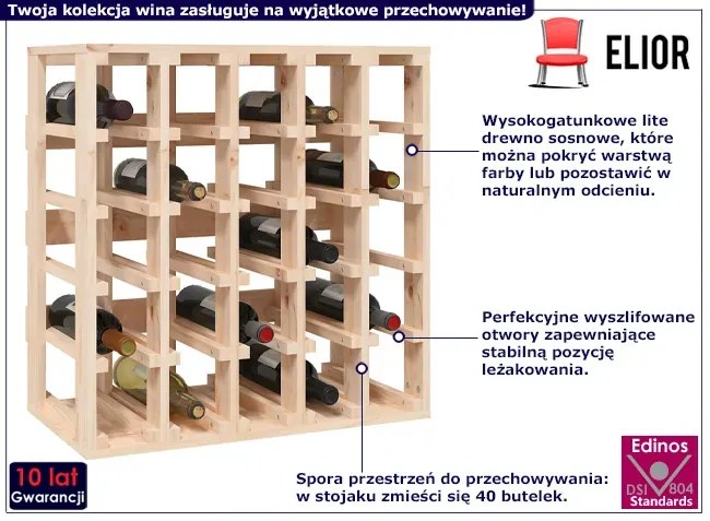 Prostokątny regał na wino z drewna sosnowego Jafos