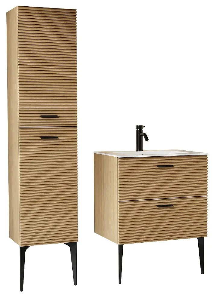 Podwieszana szafka łazienkowa prążkowana na nóżkach z umywalką do zabudowy, kranem i słupkiem - 2 szuflady - Jasny naturalny - 60 cm - SARONE