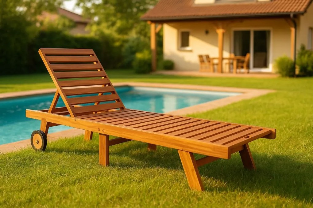 Regulowany leżak z drewna tekowego z kółkami, składany 200m