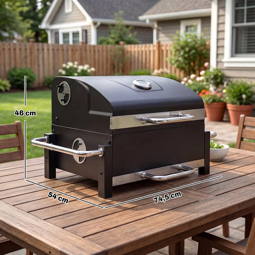 Outsunny Grill na węgiel drzewny ze stali przenośny BBQ Smoker z pokrywą regulowanymi otworami wentylacyjnymi dwupoziomowy pojemnik na węgiel termometr | Aosom PL