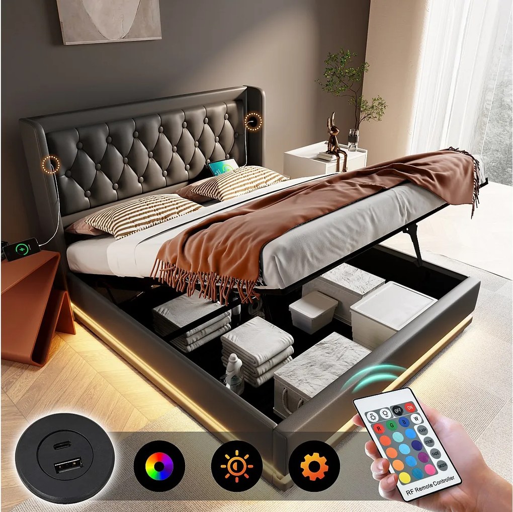 Łóżko ze schowkiem 180x200 cm - czarny PU - łóżko dwuosobowe z ładowaniem przez USB i oświetleniem przez LED - bez materaca