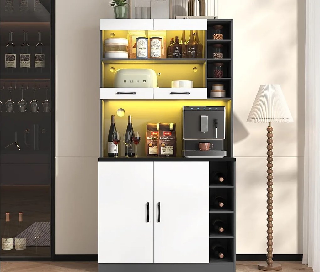 Kredens kuchenny 100×47×187 cm - z oświetleniem LED - 2 drzwi - biały+czarny