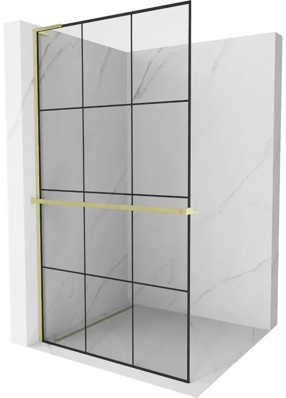 Mexen Kioto+ L ścianka prysznicowa z półką Walk-in 100 x 200 cm, czarny wzór, złota szczotkowana - 800-100-123-55-77