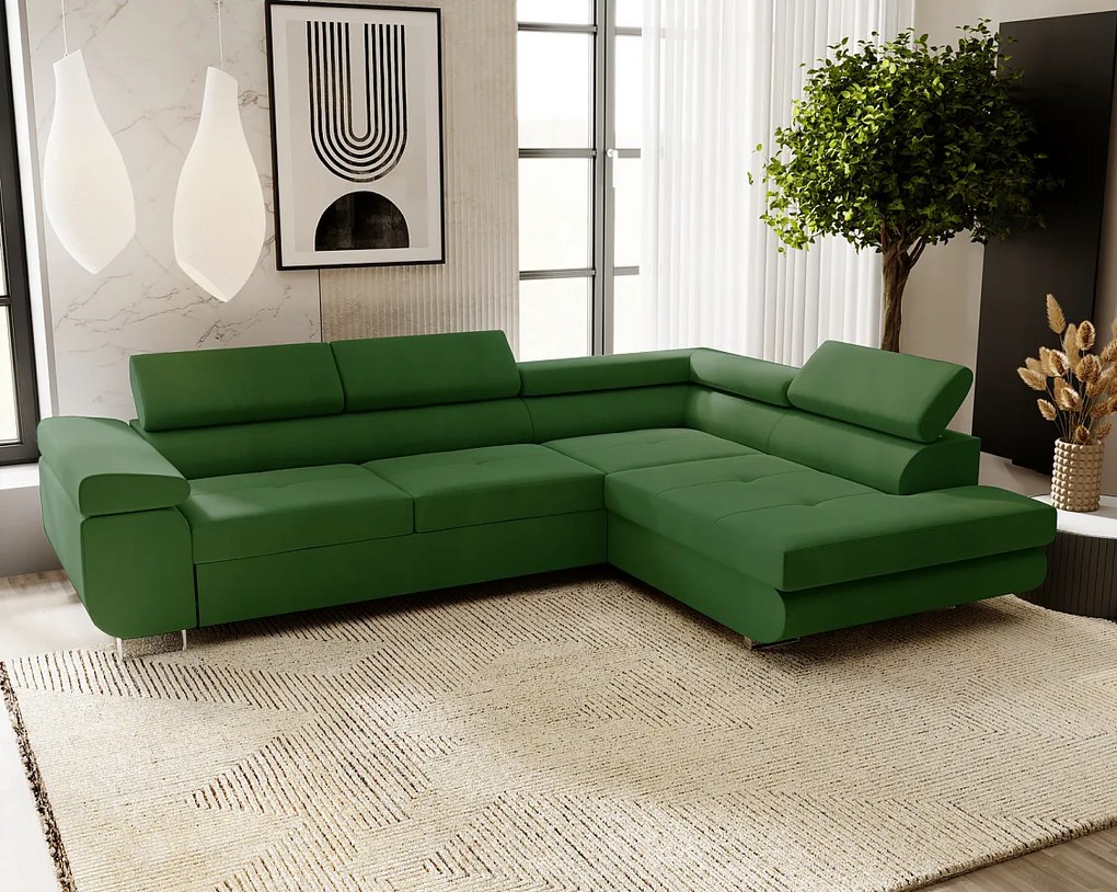 Emporius Sorlo narożnik z funkcją spania i pojemnikiem - regulowane zagłówki, prawostronny, tkanina aksamitna, zielony (Amor Velvet 4311)