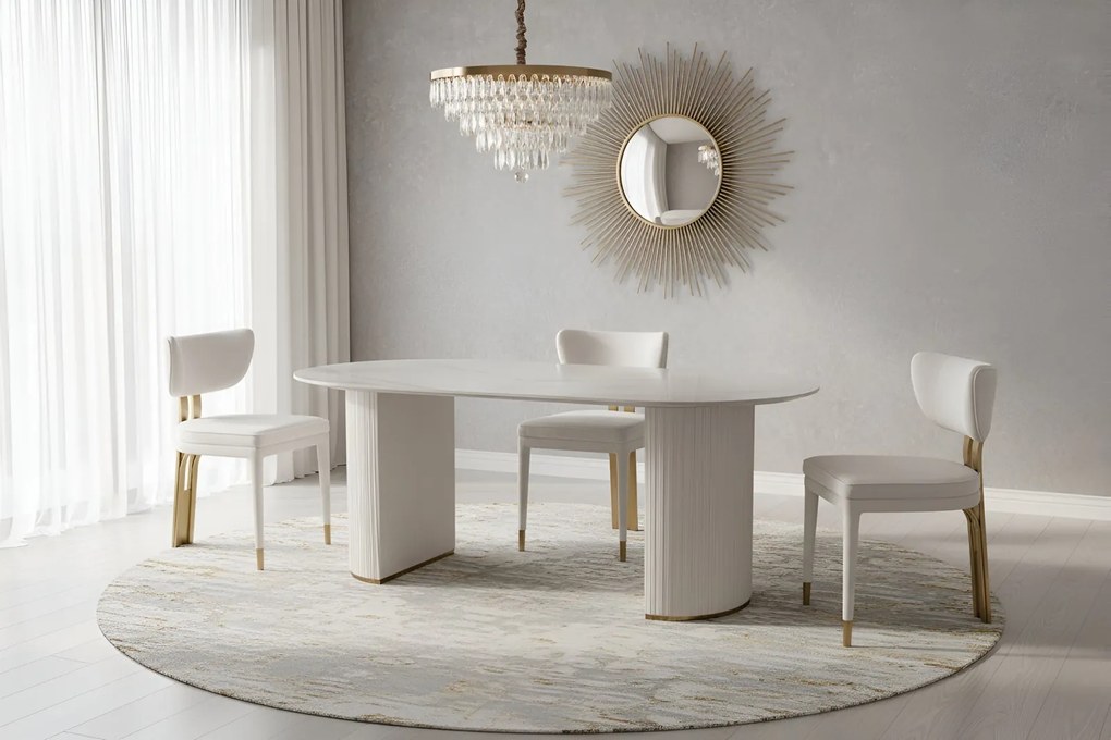 Owalny stół z blatem ze spieku Modig M95, nogi obite plisowaną ekoskórą