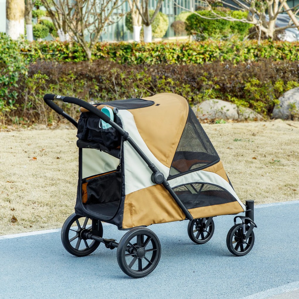 PawHut Wózek dla Psów, Składany Wózek dla Dużych Psów, Wózek dla Zwierząt z 4 Kołami, Linami Bezpieczeństwa, Hamulcami, Brązowy