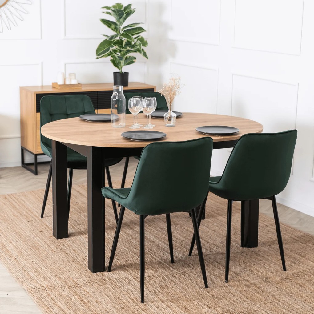 Zestaw Stół Okrągły Rozkładany HARRY 102-142 cm Dąb Craft/Czarny i 4 Krzesła Tapicerowane CHRIS Zielone Nowoczesne