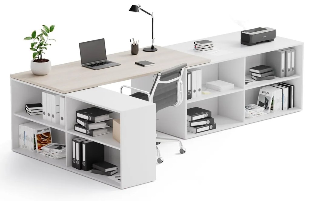 Biurko z przestrzenią do przechowywania BLOCK B02, biały/dąb naturalny