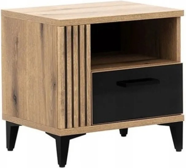 Szafka Nocna z Szufladą do Sypialni DYNAMO 52 cm Dąb evoke / czarny połysk Loft