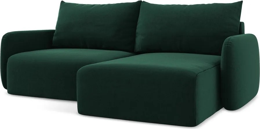 Ciemnozielony aksamitny rozkładany/ze schowkiem narożnik (prawostronny/z szezlongiem) Kalena – Makamii