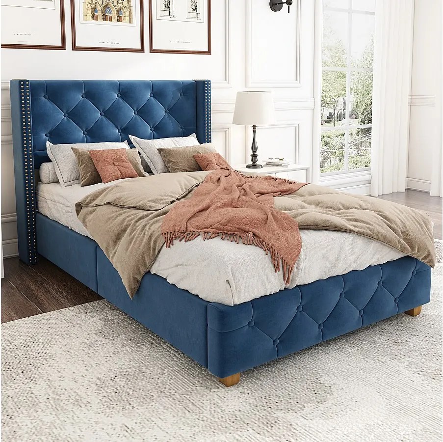 Łóżko dziecięce 90x200 cm - Łóżko pojedyncze z tapicerowanym zagłówkiem i stelażem - niebieski aksamit - bez materaca