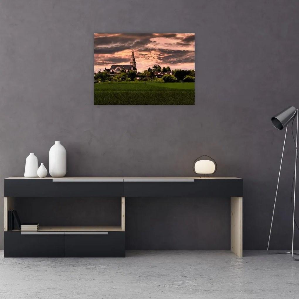 Obraz na szkle - krajobraz z kościołem (70x50 cm)
