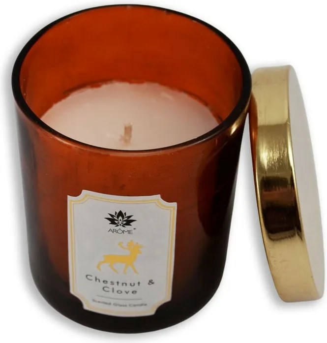 Świeca zapachowa w kolorowym szkle z pokrywką, Chestnut & Clove, 125 g