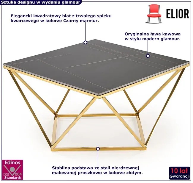 Złoty stolik kawowy z blatem czarny marmur - Iberis