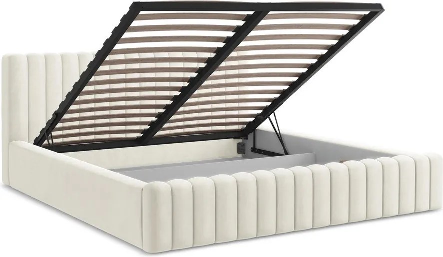 Kremowe tapicerowane łóżko dwuosobowe ze schowkiem i stelażem 140x200 cm Lemi – Makamii