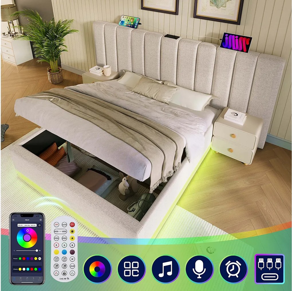 Łóżko ze schowkiem 180 x 200 cm z dużym zagłówkiem - Lampka do czytania i gniazda USB + Type-C - Diody LED - Tkanina lniana - Beżowy (bez materaca)