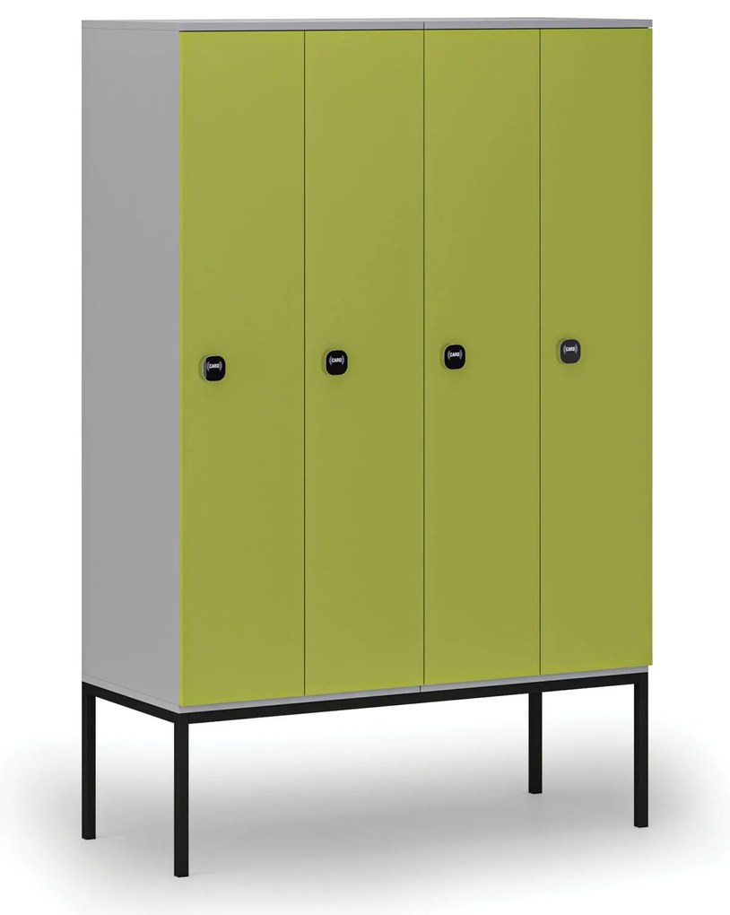 Drewniana szafa ubraniowa S4 z podstawą, 4-drzwiowa, 1871 x 1200 x 500 mm, demontaż, zamek RFID, szary/zielony