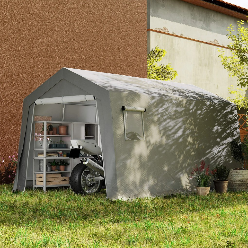 Outsunny Wodoodporny namiot magazynowy z zadaszonym dachem, z drzwiami i oknami 300x447x255 cm, Jasnoszary