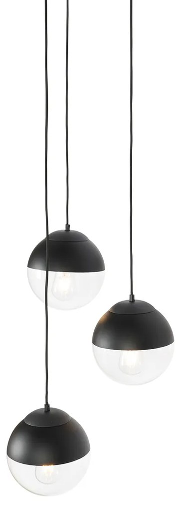 Retro lampa wisząca czarna z przezroczystym szkłem okrągła 3-światłowa - Eclipse Retro Oswietlenie wewnetrzne