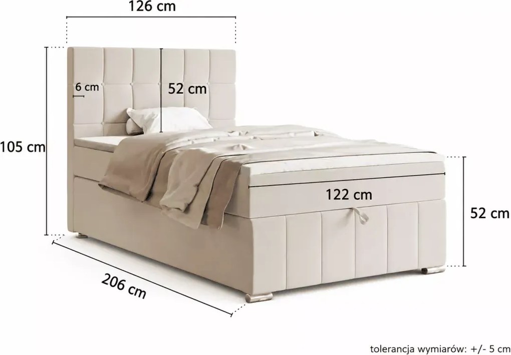 Eleganckie tapicerowane łóżko kontynentalne Lefroy 120x200 z pojemnikiem na pościel i stylowym wezgłowiem
