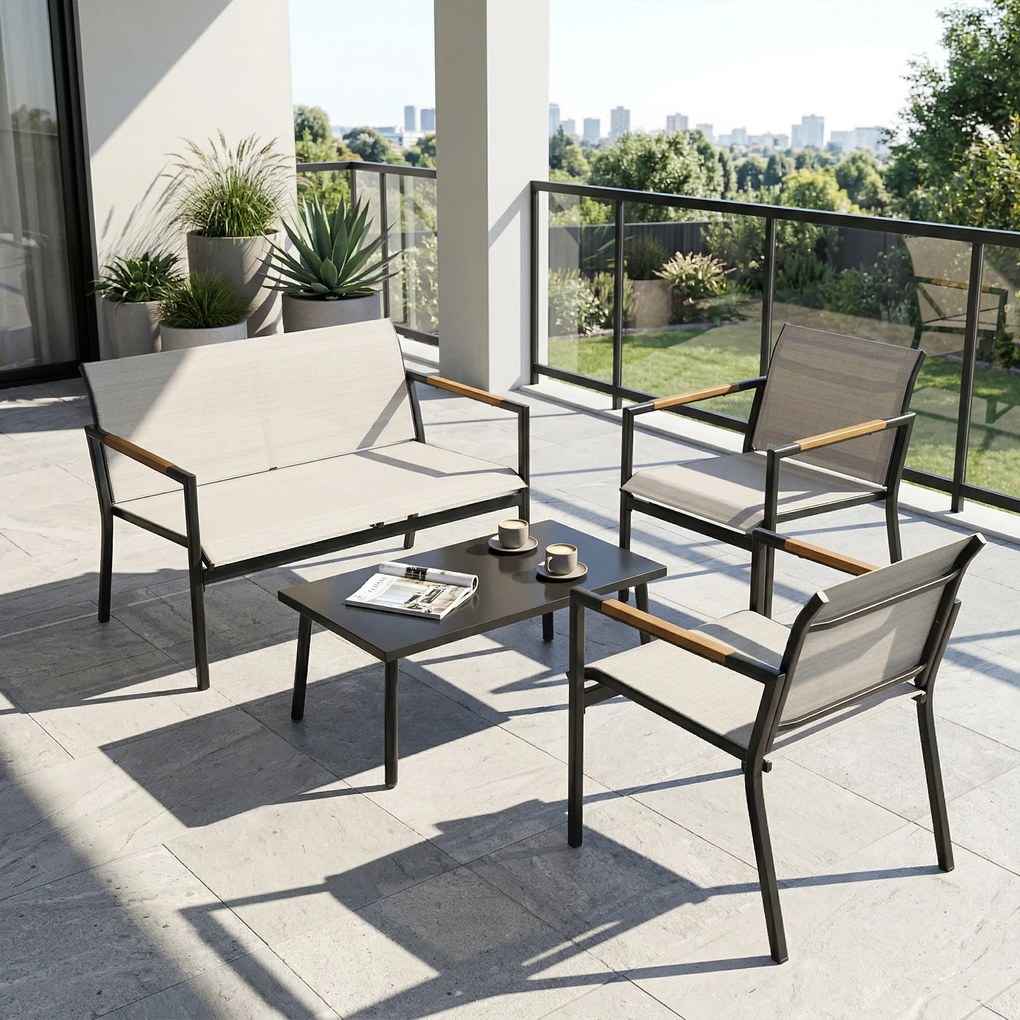 Outsunny Zestaw mebli ogrodowych 4 osobowy sofa dwuosobowa fotele stół metalowy na taras balkon ogród | Aosom PL