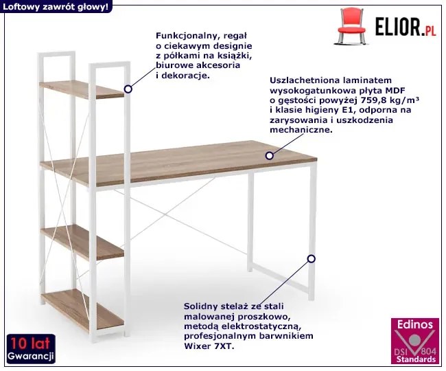 Nowoczesne biurko z regałem dąb sonoma + biały - Revers 2X