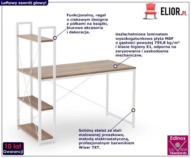 Nowoczesne biurko z regałem dąb sonoma + biały Wertes