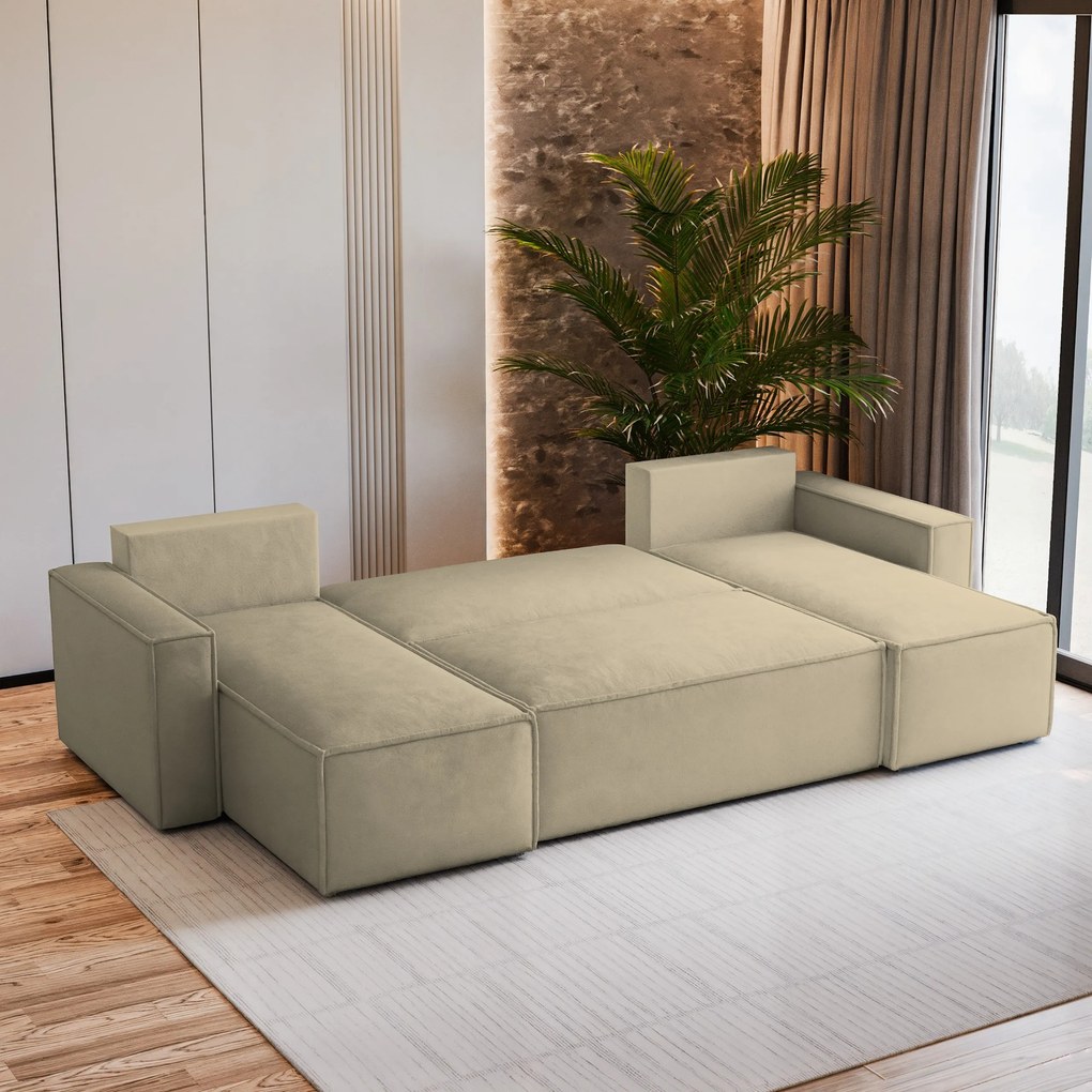 Masseno Narożnik PESANO z funkcją spania i pojemnikiem na pościel Narozniki U, Rozkładana sofa - Kremowy, MONOLITH 04