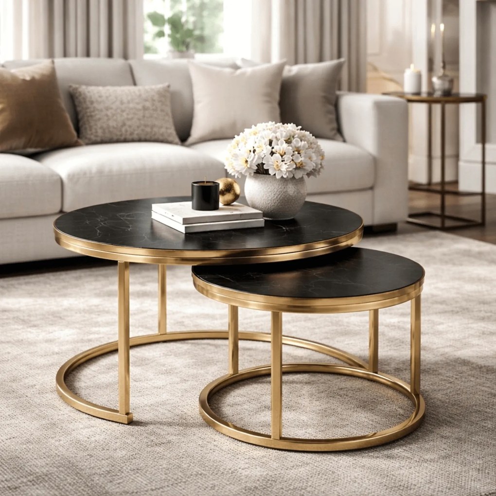 Zestaw Stolików Kawowych ARON 70 cm/50 cm Czarny Marmur/Złoty Glamour