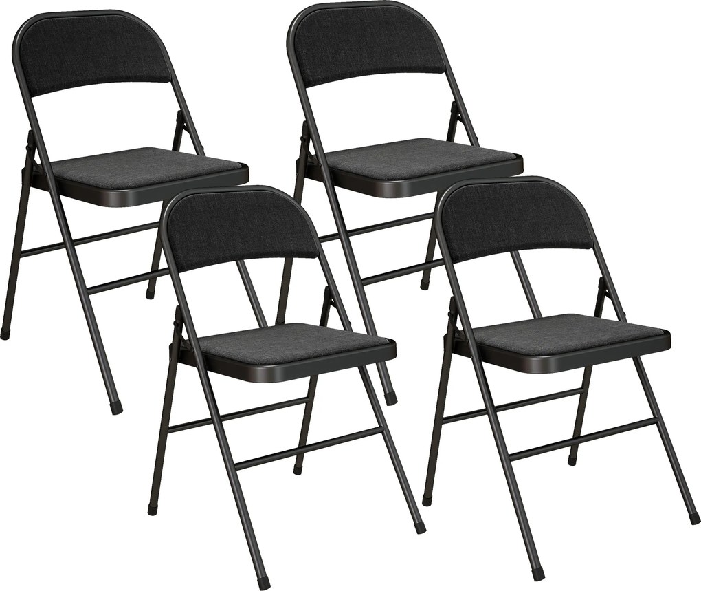 HOMCOM Zestaw 4 Krzeseł Składanych, Przenośne Krzesła Biurowe, Nogi Metalowe, Składane Krzesło dla Biura, Recepcji, Poczekalni, Wygląd Lnu, Czarne