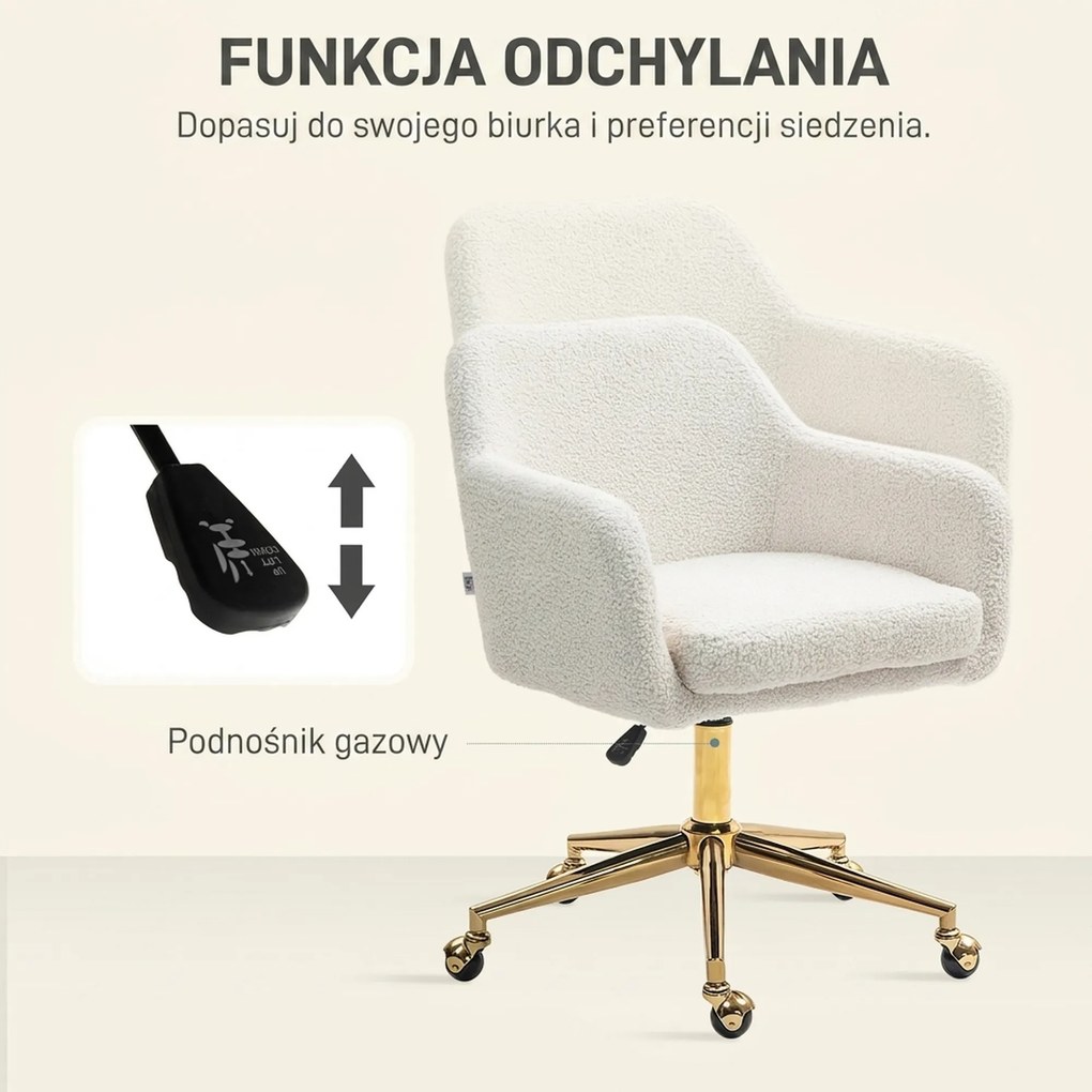 HOMCOM Fotel do Home Office, regulowany fotel biurowy na kółkach, pokrycie aksamitne, podstawa metalowa, Kremowy