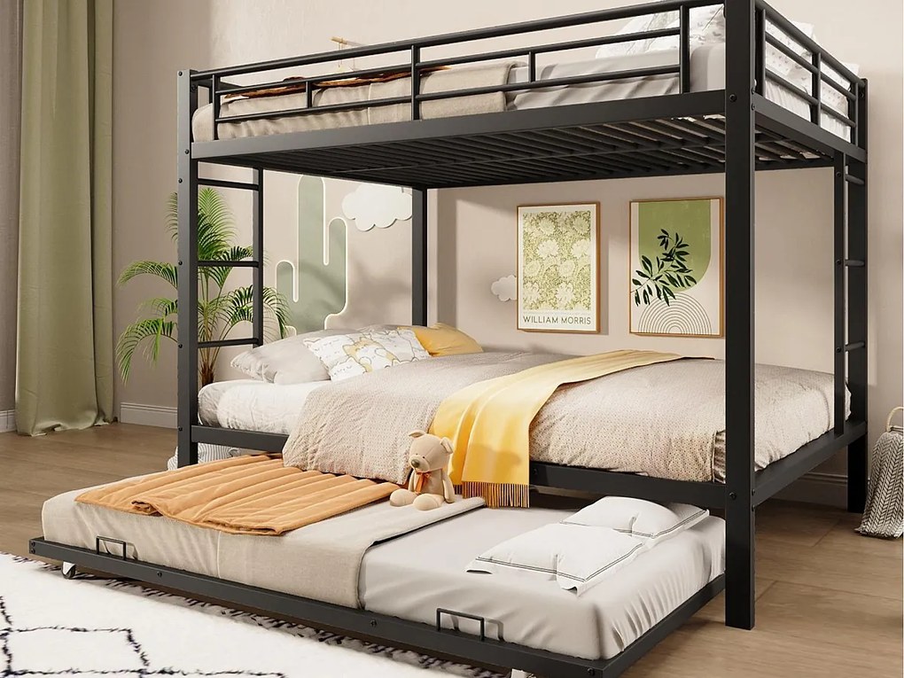 Łóżko piętrowe 140x200 cm - z łóżkiem wysuwanym - Wyskie barierki bezpieczeństwa - czarny (materac nie jest w zestawie)