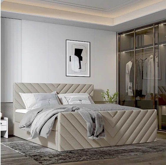 Nowoczesne łóżko tapicerowane TOGO z pojemnikiem na pościel 160x200 cm w tkaninie CENTAUR 3 beżowej