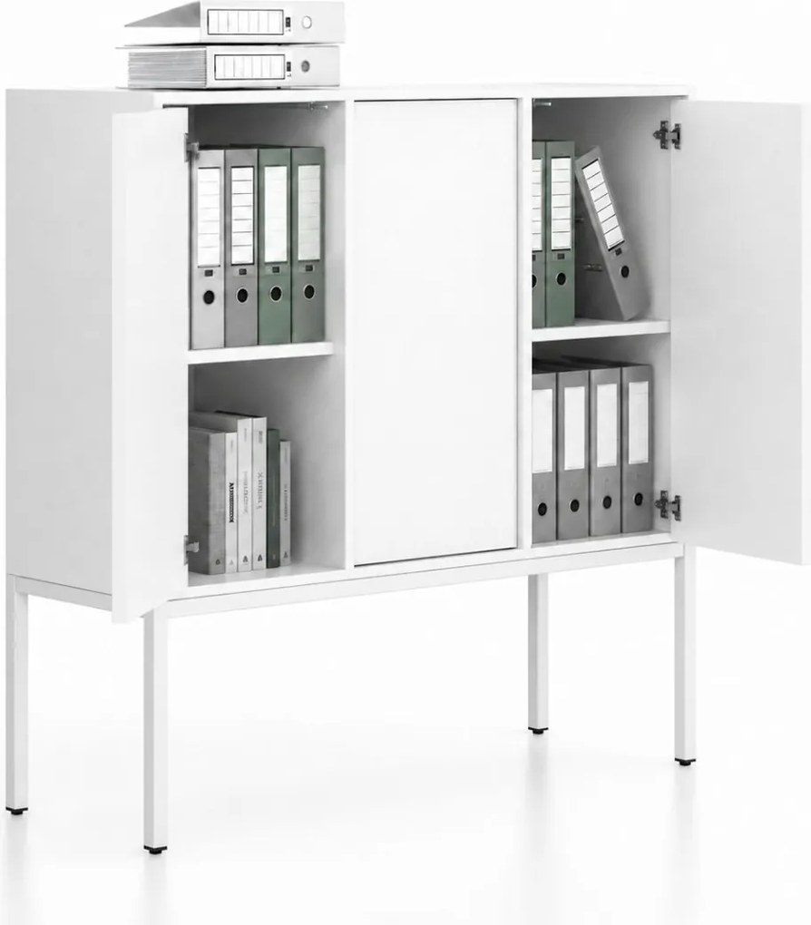 Szafa biurowa FRAME, niska, podstawa biała, 3 drzwi, 1299 x 450 x 1331 mm, PUSH-lock, biały