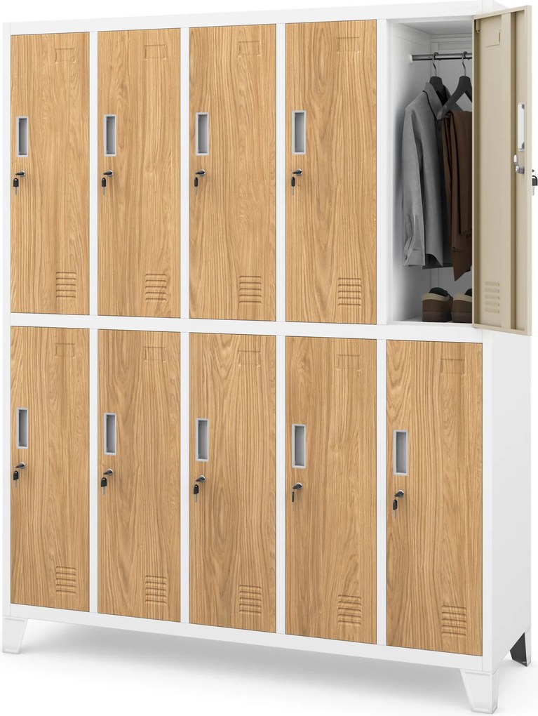 Szafa socjalna ubraniowa 10-drzwiowa biała/złoty dąb, 1360x1720x450 mm: BARTEK Eco Design