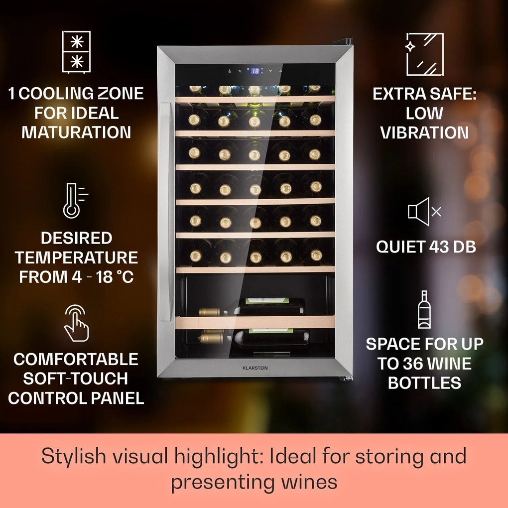 Klarstein Vinamour 48cm 36 Butelek Winiarka Wolnostojąca Srebrny